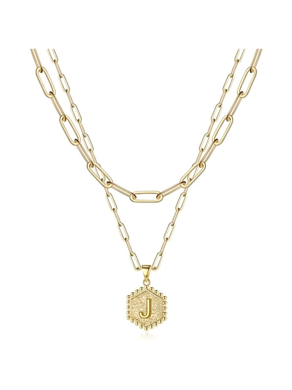 14K Gold Plated Paperclip Chain Necklace Hexagon Letter Pendant Choker Necklace
